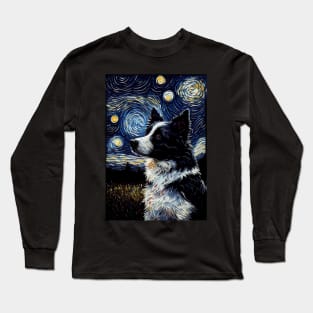 Border Collie Dog Starry Night Design Long Sleeve T-Shirt